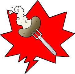 cartoon sausage on fork and speech bubble in smooth gradient style