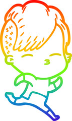 rainbow gradient line drawing cartoon girl wearing futuristic clothes