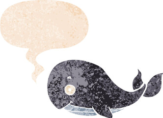 cartoon whale and speech bubble in retro textured style