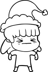 line drawing of a woman wearing santa hat