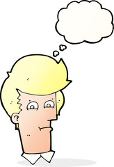 cartoon man narrowing eyes with thought bubble