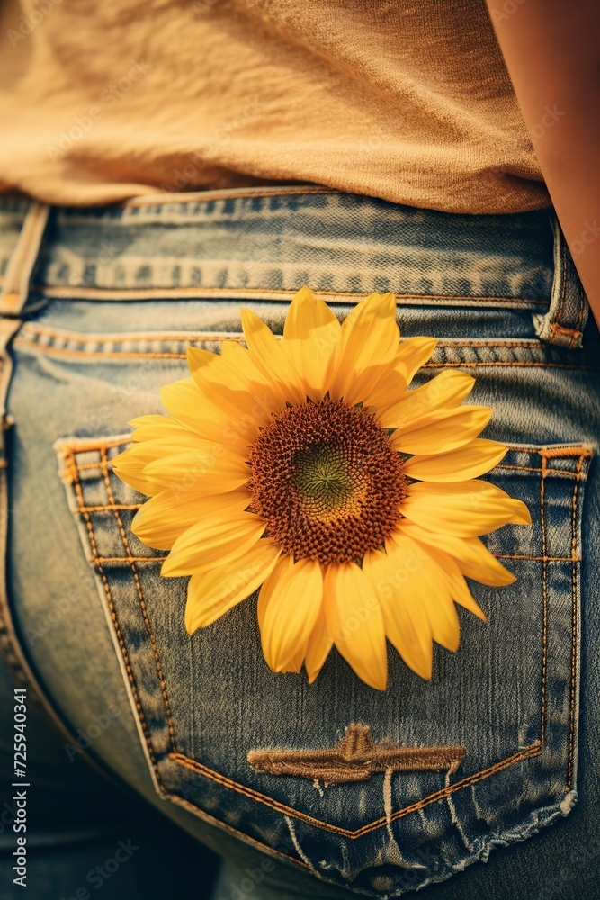 Wall mural A woman dressed in jeans and a sunflower in her pocket.