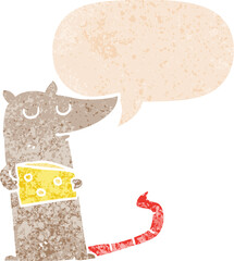 cartoon mouse with cheese and speech bubble in retro textured style