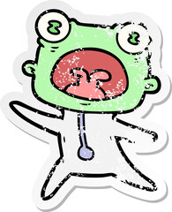distressed sticker of a cartoon weird alien running away