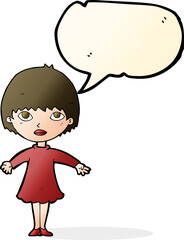cartoon woman in dress with speech bubble
