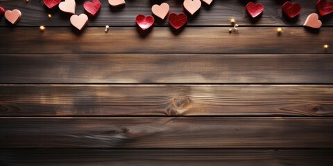Obraz premium Small hearts on a wooden background, space for text. Valentine's day theme. Generative AI