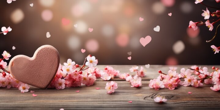 Pink hearts on a wooden background, space for text. Valentine's day theme. Generative AI