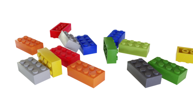 Building Blocks, Children's Toy, scattered building blocks, plastic toy, montessori, kid toys, plastic building blocks scattered organically on a transparent background, minimal, copy space, copyspace - Powered by Adobe