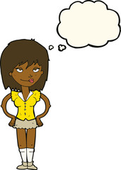 cartoon woman with hands on hips with thought bubble