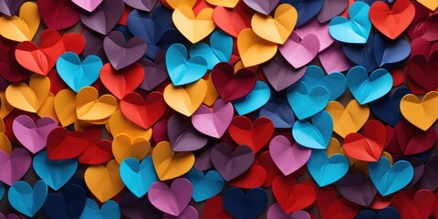 Fototapeta na wymiar Many multi-colored paper hearts, top view. Valentine's day theme. Generative AI
