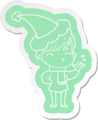 cartoon  sticker of a woman thinking wearing santa hat