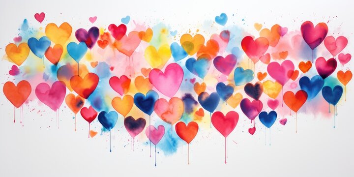 Multicolored hearts using watercolor technique. Valentine's day, card or poster