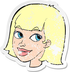 retro distressed sticker of a cartoon happy female face