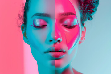 Obraz premium Fashion model woman face with fantasy art make-up. Bold makeup, glance Fashion art portrait, incorporating neon colors. Advertising design for cosmetics, beauty salon. content.