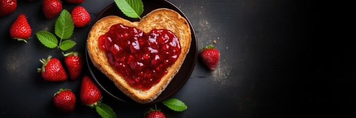 Toast in the shape of a heart with jam and berries on the table, space for text. Generative AI - Powered by Adobe