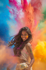 Beautiful young woman at Holi festival of colors in India. The concept of happiness, spring and goodness.