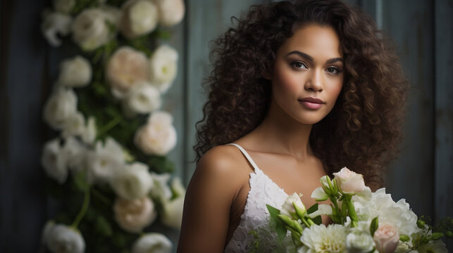 Portrait of a bride model with a bouquet. Flowers in the background. Mixed race and curly hair gorgeous woman. Cinematic photography.