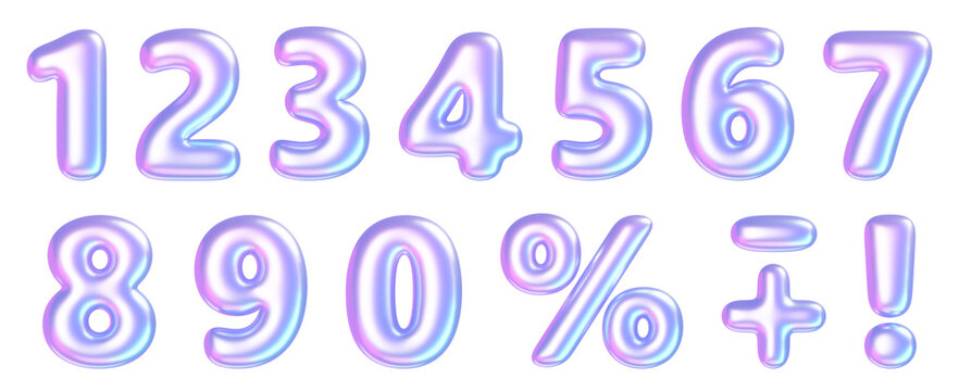 Holographic number 3d illustration set.