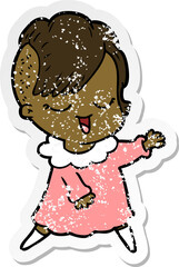 distressed sticker of a happy cartoon girl