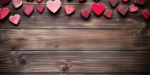 Small hearts on a wooden background, space for text. Valentine's day theme. Generative AI