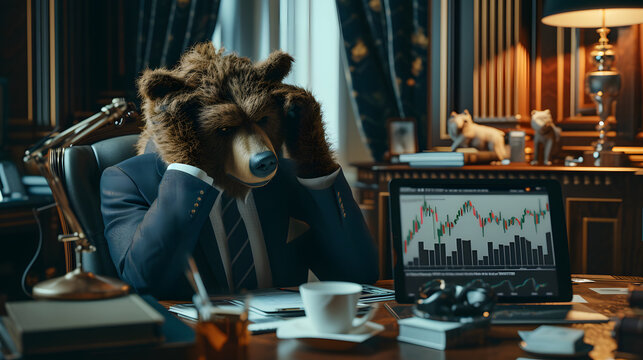 A stressed bear in a suit sits holding his head at a table in a room. Viewing stock charts on a tablet, stock charts, graphs, cool, luxury, rich, 3D cartoon.