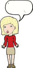 cartoon woman shrugging shoulders with speech bubble