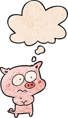 cartoon nervous pig and thought bubble in grunge texture pattern style