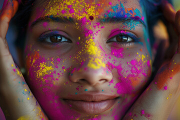 Beautiful young woman at Holi festival of colors in India. The concept of happiness, spring and goodness.