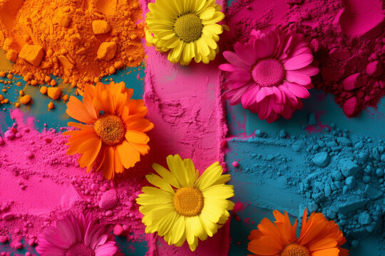 Colorful powder paints in pots at a market in India. Festival of colors in India, Holi. The arrival of spring, the victory of good over evil. Happiness.