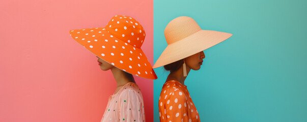 Two beautiful young women with big hats. Pastel hues of pink, blue and orange with polka dots. Summer fashion concept.