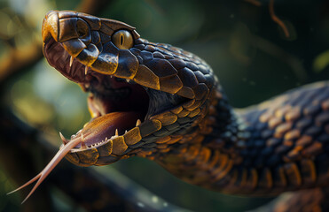 Obraz premium In the Eyes of a Serpent: A Powerful and Intense Portrait Serpent's Gaze: Capturing the Fierce Expression of a Snake with your mouth open