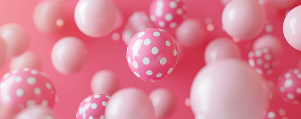 Abstract pastel pink and peach background with balloons and polka dot patterns.