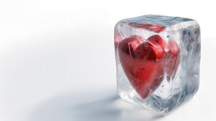 Frozen ice cube with a red heart in it on light background with copy space for text. Valentine's day. mother's day, romance, love, marriage, divorce, relationship concept.