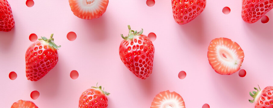 Summer fruit background in pastel pink and peach color. Sunny strawberries pattern.