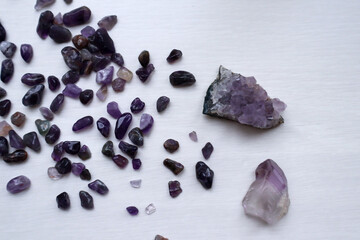 Amethyst druse and amethyst kiesel, close up.