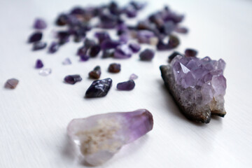Amethyst druse and amethyst kiesel, close up.