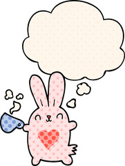 cute cartoon rabbit with love heart and coffee cup and thought bubble in comic book style