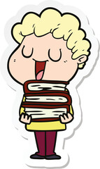 sticker of a laughing cartoon man with books