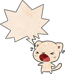 cute cartoon cat crying and speech bubble in retro texture style