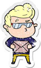 distressed sticker of a cartoon cool guy