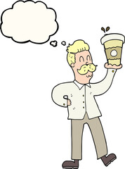 thought bubble cartoon man with coffee cups