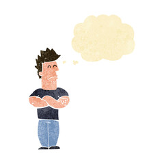 cartoon sulking man with thought bubble