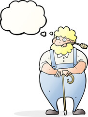 cartoon farmer leaning on walking stick with thought bubble