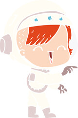 flat color style cartoon astronaut girl pointing and laughing