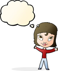 cartoon happy woman waving arms with thought bubble