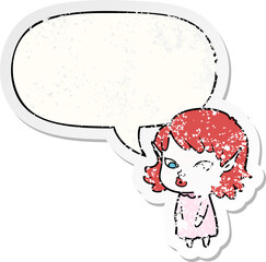 cartoon elf girl and pointy ears and speech bubble distressed sticker