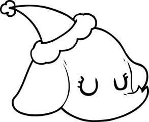 line drawing of a elephant face wearing santa hat