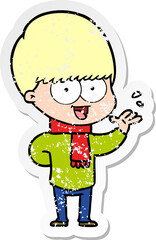 distressed sticker of a happy cartoon boy waving