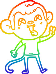 rainbow gradient line drawing crazy cartoon monkey giving peace sign