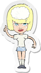 retro distressed sticker of a cartoon woman with idea